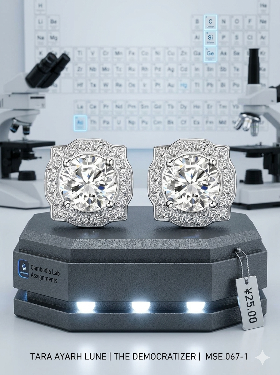 2.6ctw round moissanite heritage halo stud earrings — silver rhodium-plated, geometric frame | TARA AYARH LUNE
