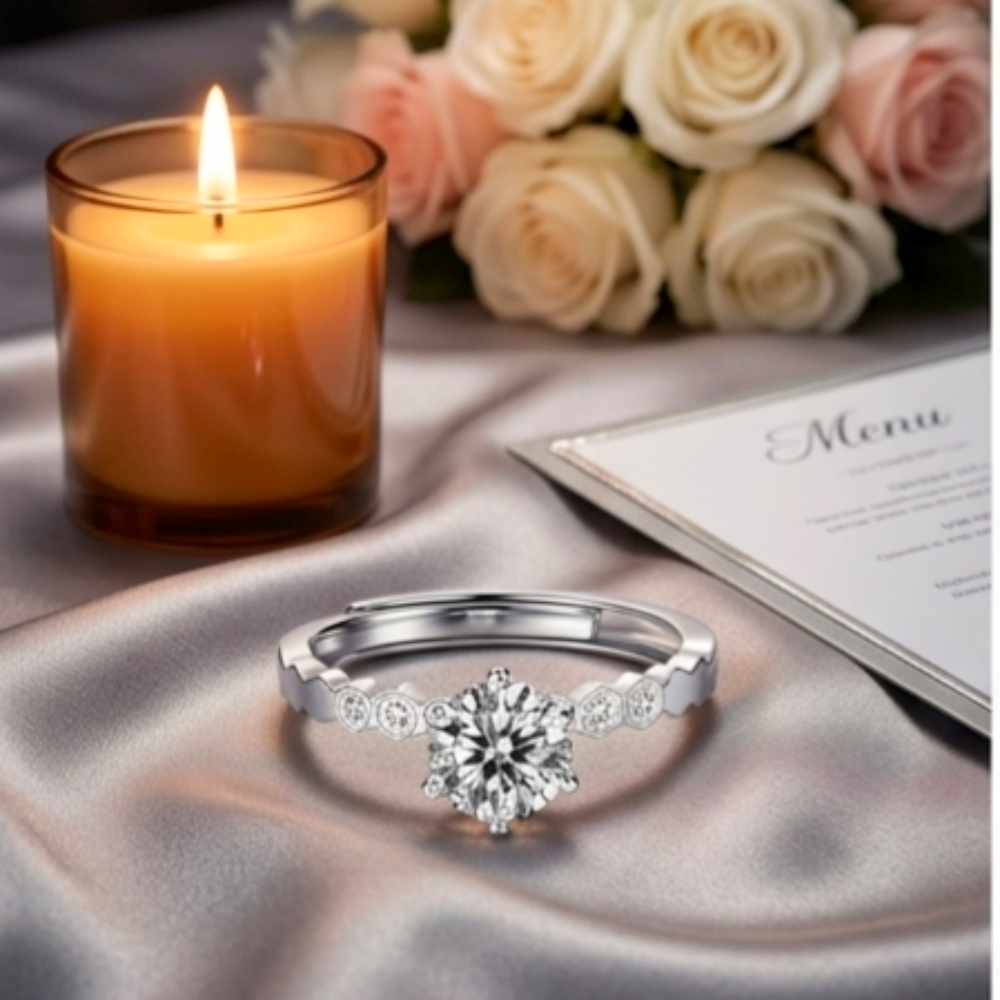 6.5mm round-cut moissanite honeycomb solitaire ring — D-color VVS1, sterling silver | TARA AYARH LUNE