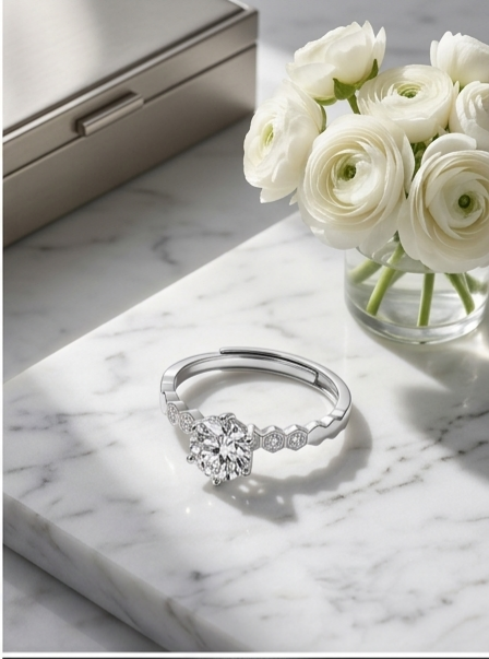 Moissanite honeycomb ring side view — hexagonal band detail, platinum-plated sterling silver | TARA AYARH LUNE