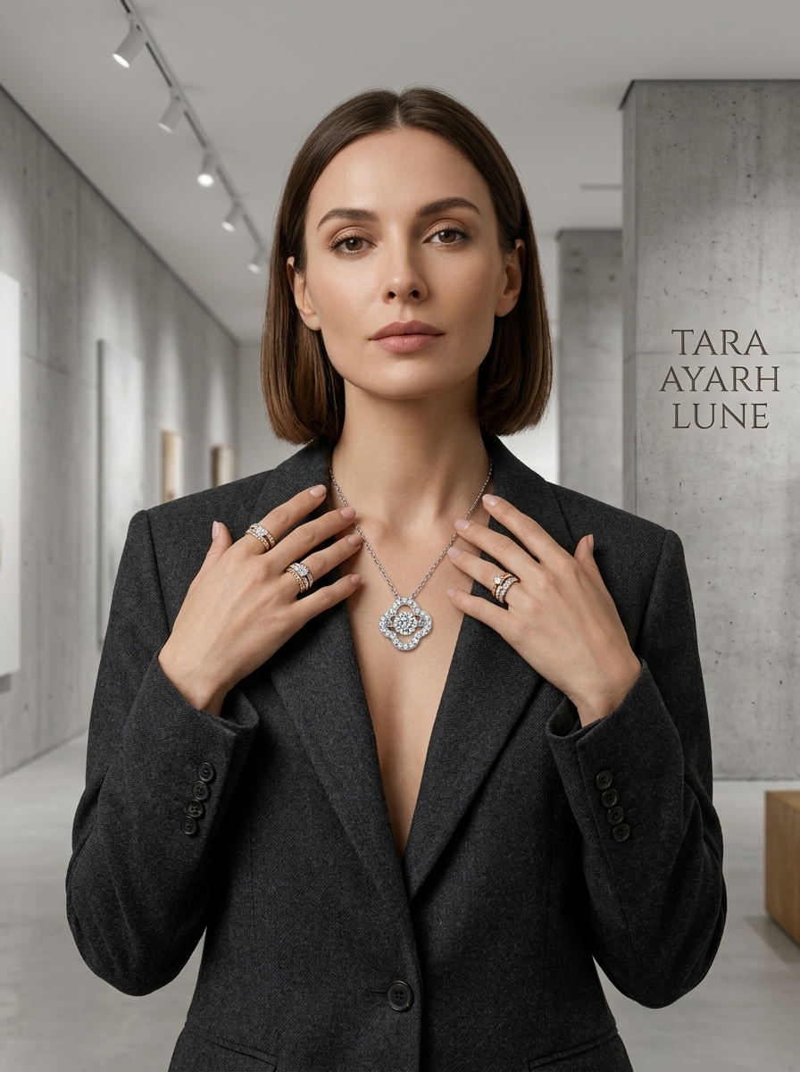 Moissanite Clover Pendant Necklace on Model | Rhodium-Plated 925 Silver | TARA AYARH LUNE
