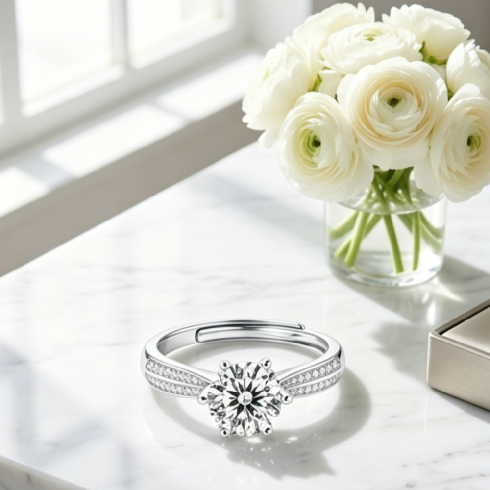 8mm round-cut moissanite micropavé solitaire ring — 2ct D-color VVS1, elegant half-pavé shank | TARA AYARH LUNE