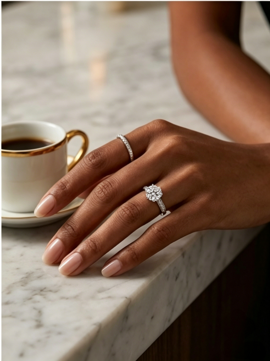 Moissanite micropavé engagement ring side view — platinum-plated sterling silver, half-wall pavé band | TARA AYARH LUNE