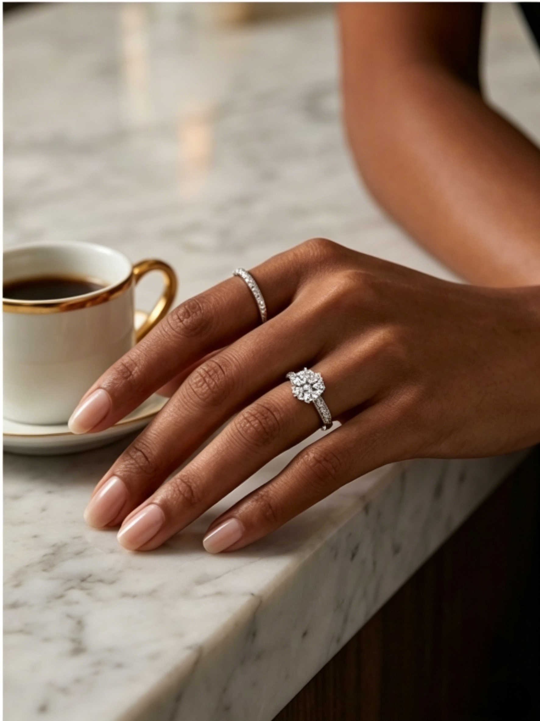 Moissanite micropavé engagement ring side view — platinum-plated sterling silver, half-wall pavé band | TARA AYARH LUNE