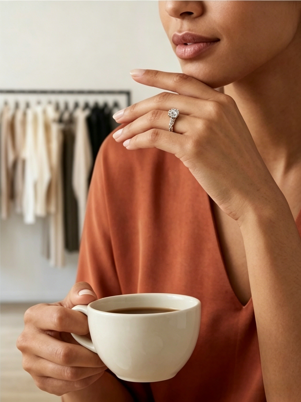 Milgrain vine moissanite ring on hand — cottagecore aesthetic, platinum-plated S925 silver | TARA AYARH LUNE
