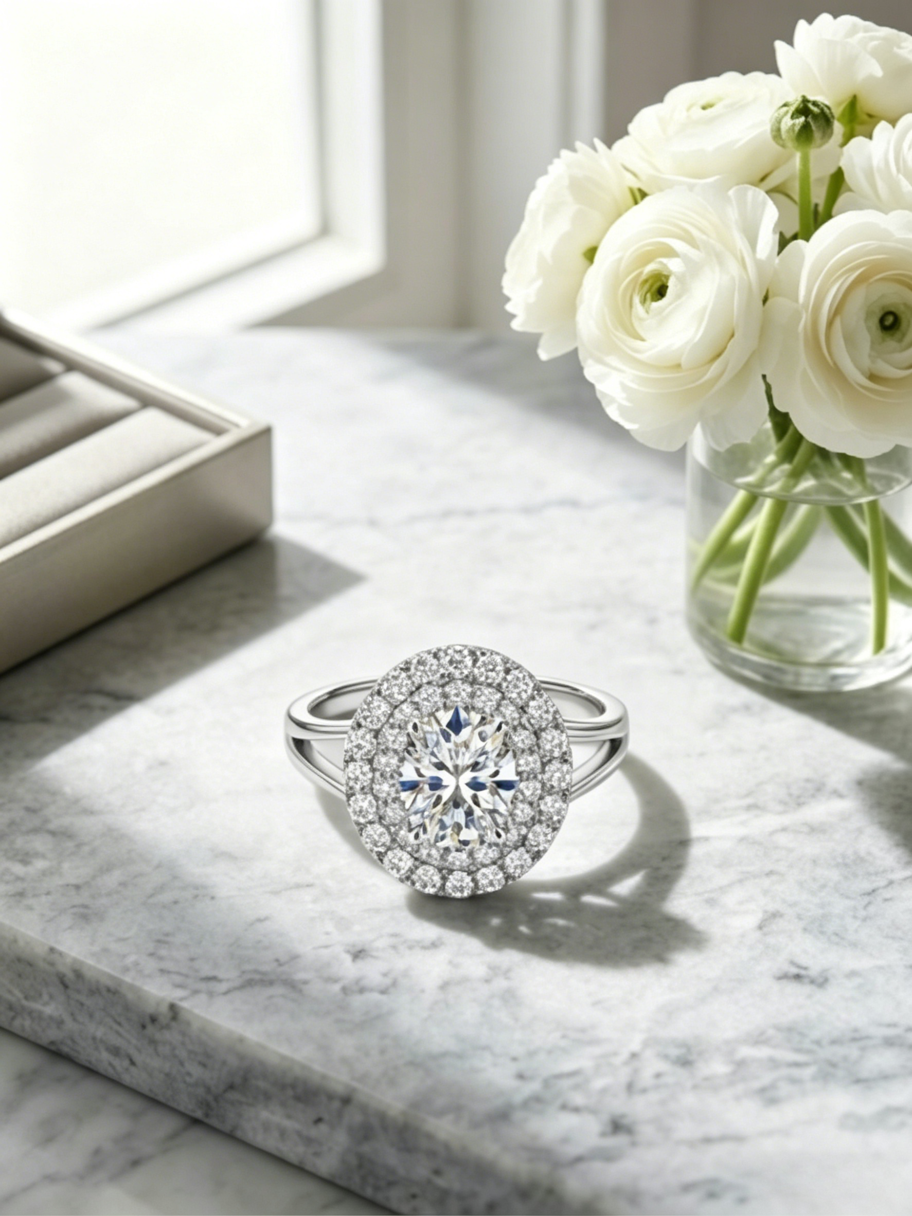 1ct oval moissanite engagement ring — conflict-free lab-grown, mega-look double halo effect | TARA AYARH LUNE