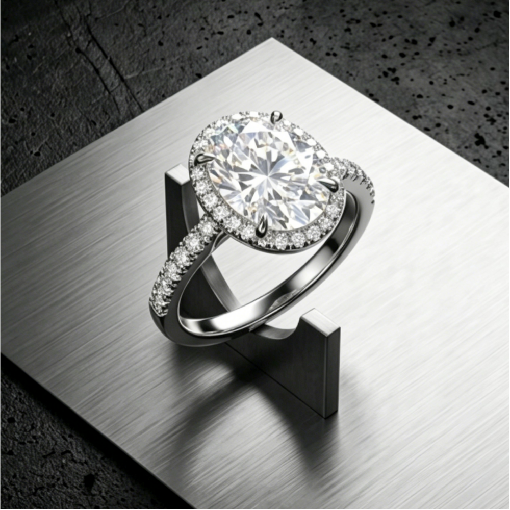 8x10mm 3ct oval moissanite micropavé halo ring — D-color VVS1, majestic statement setting | TARA AYARH LUNE