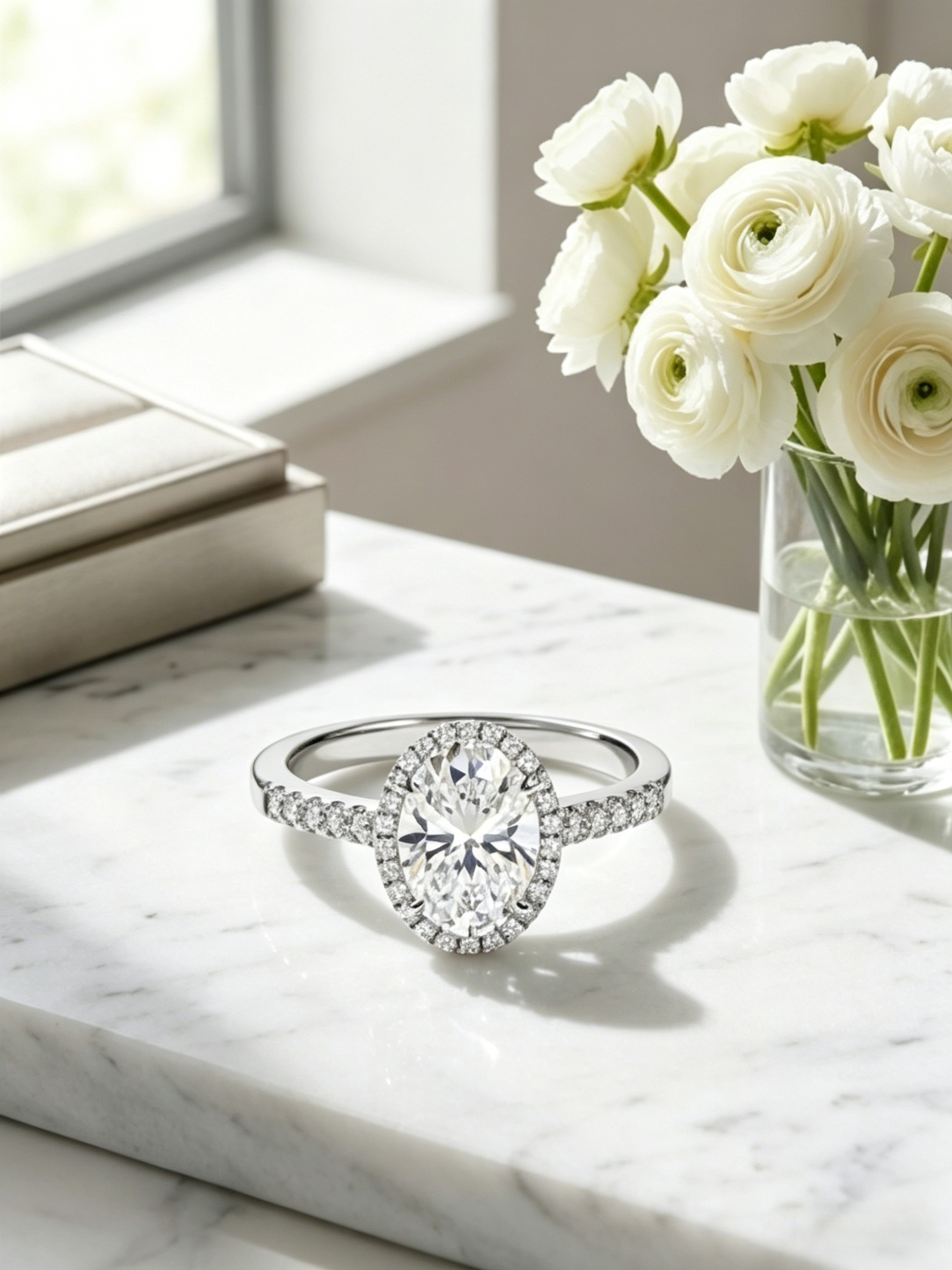 3ct oval moissanite halo ring side view — micropavé halo and pavé band, 360-degree sparkle | TARA AYARH LUNE