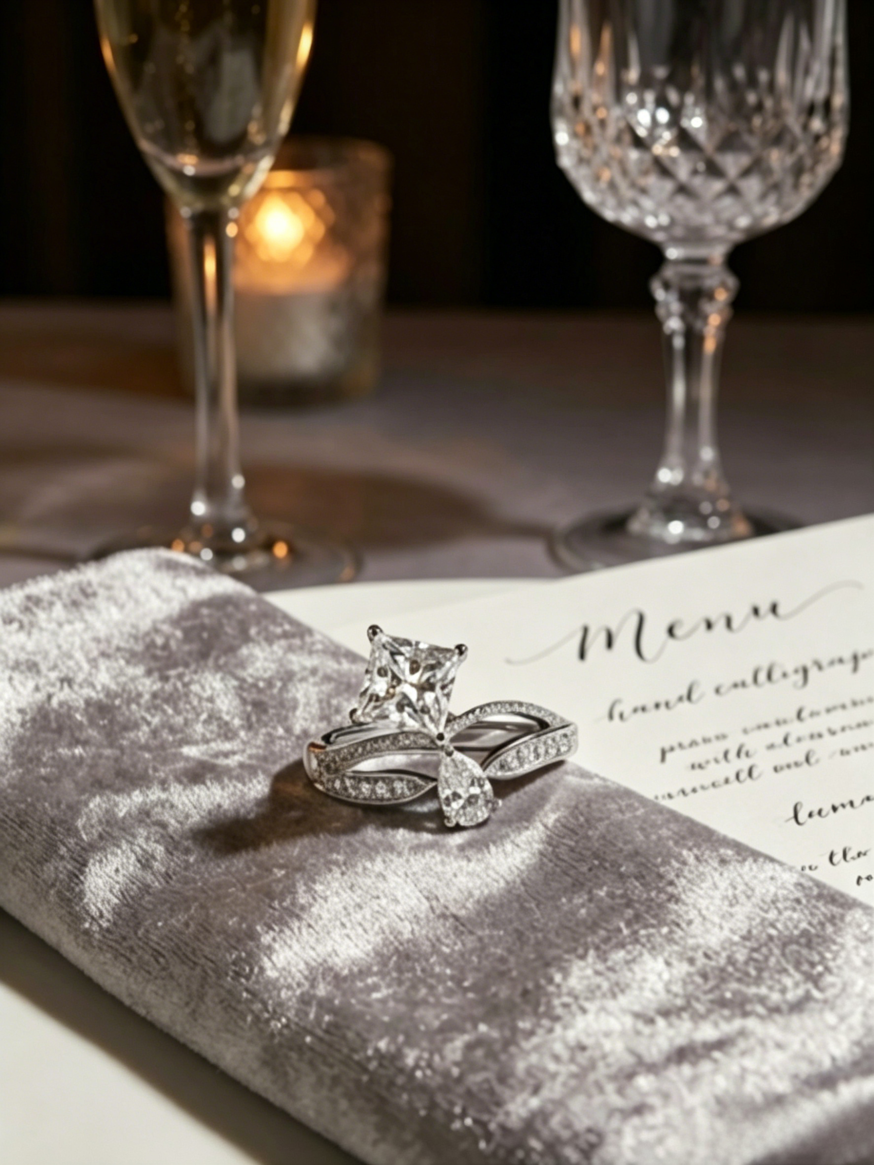 Princess and pear moissanite two-stone ring side view — sculptural split band, micropavé accents | TARA AYARH LUNE