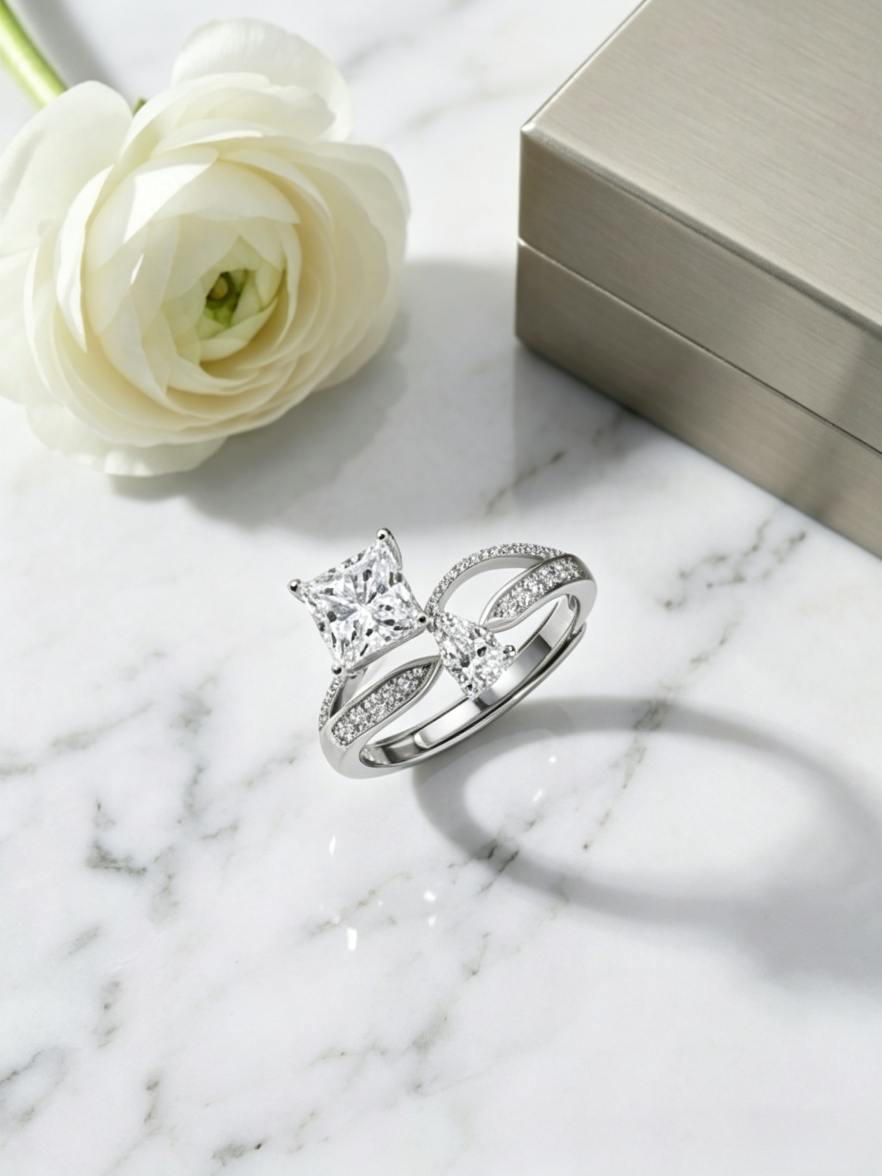 Toi et moi moissanite ring — princess cut with pear accent, conflict-free lab-grown | TARA AYARH LUNE
