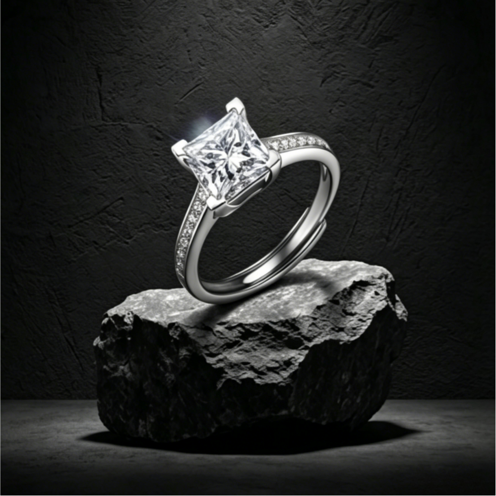 7mm princess-cut moissanite micropavé solitaire ring — 2ct D-color VVS1, modern square setting | TARA AYARH LUNE