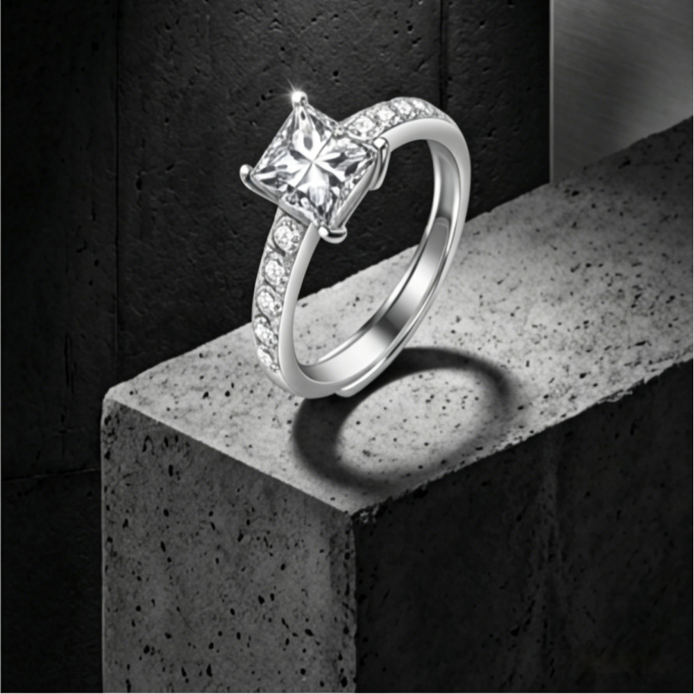 5.5mm princess-cut moissanite shared-prong pavé accent ring — 1ct D-color VVS1, modern setting | TARA AYARH LUNE