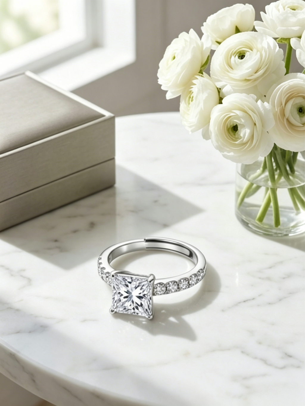1ct princess-cut moissanite engagement ring — conflict-free lab-grown, platinum-plated S925 silver | TARA AYARH LUNE