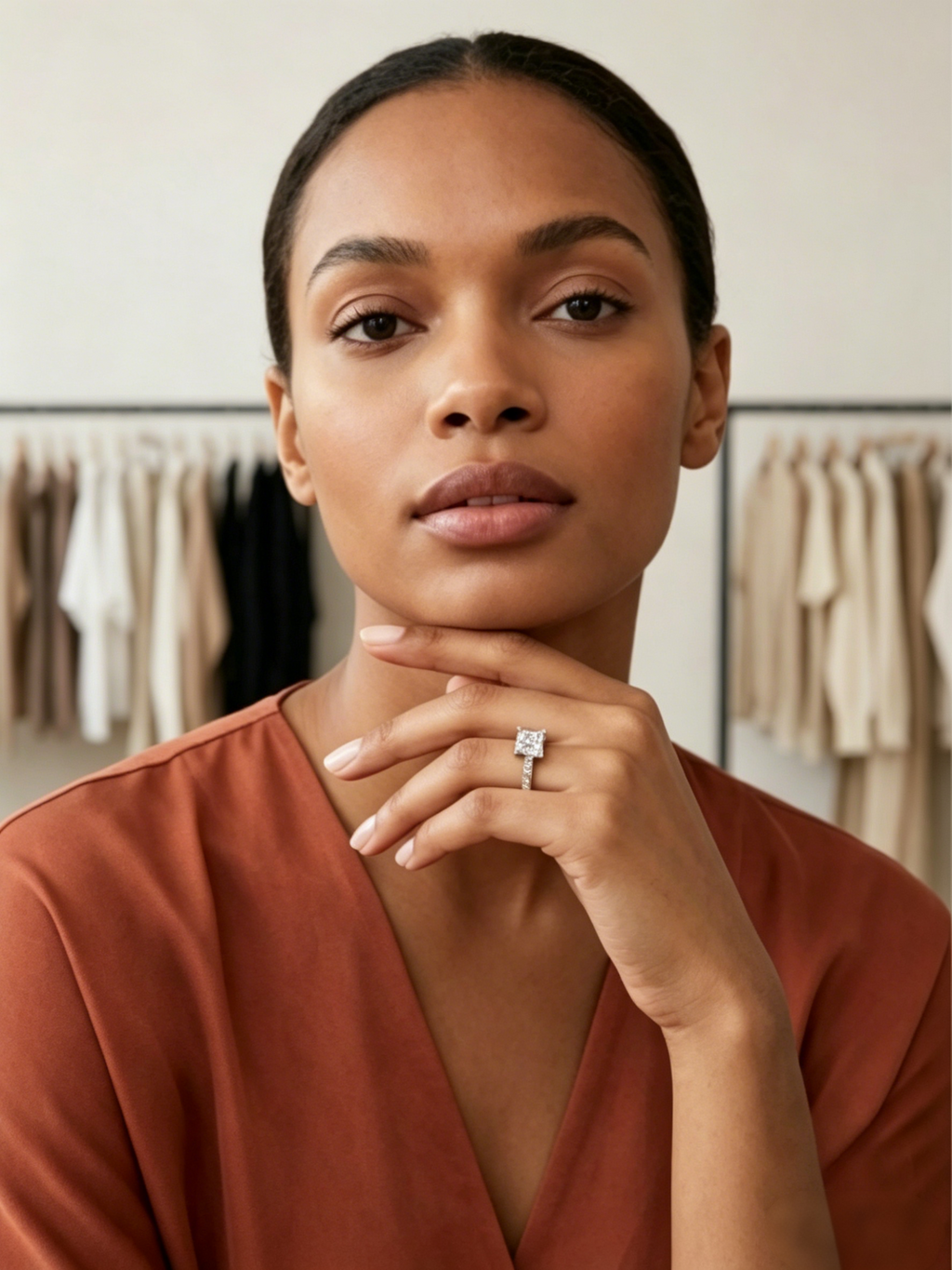 Shared-prong pavé moissanite ring on hand — geometric solitaire, sculptural band detail | TARA AYARH LUNE