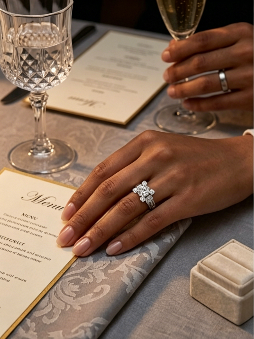 Moissanite pavé frame ring side view — quad-corner tower pillars, dual-channel band detail | TARA AYARH LUNE