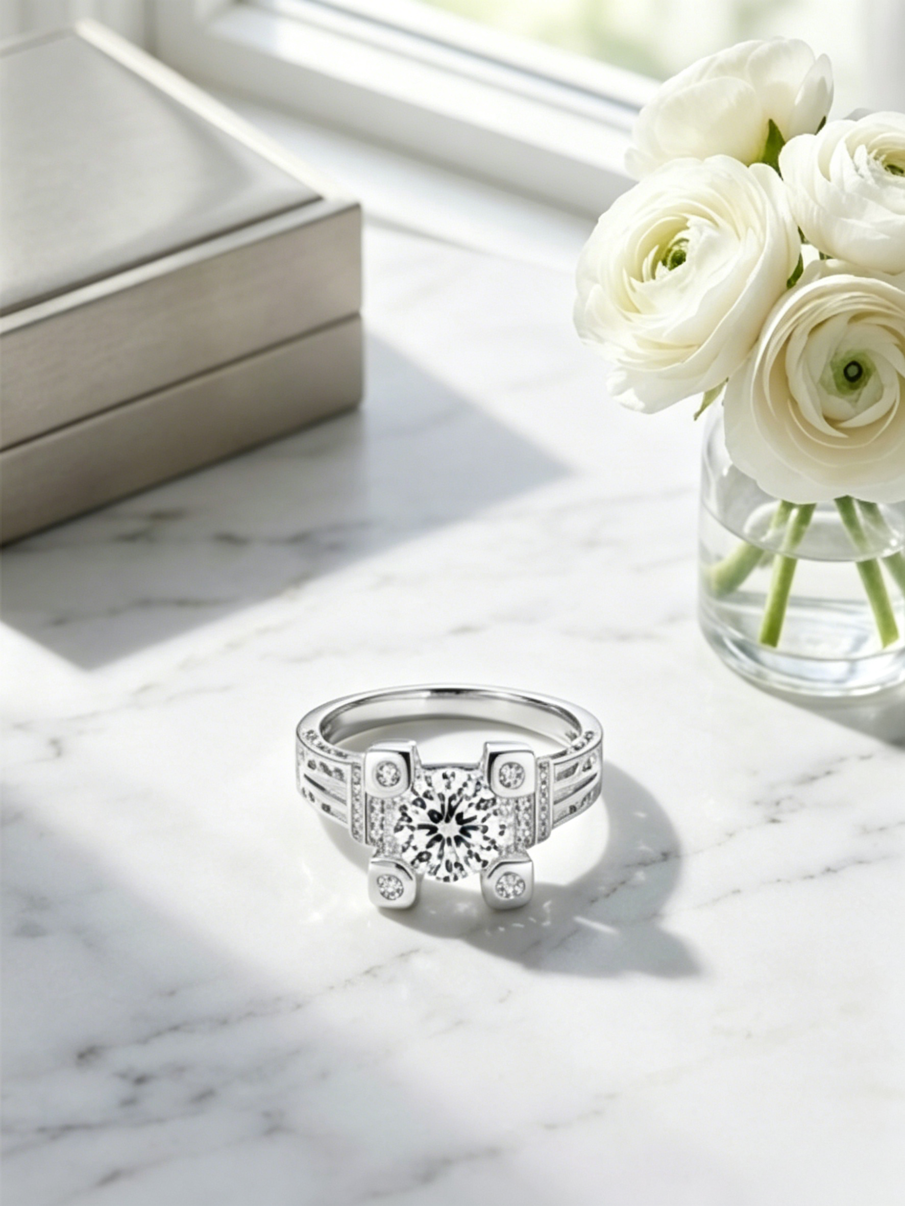 1ct round brilliant moissanite architectural ring — conflict-free lab-grown, platinum-plated S925 silver | TARA AYARH LUNE