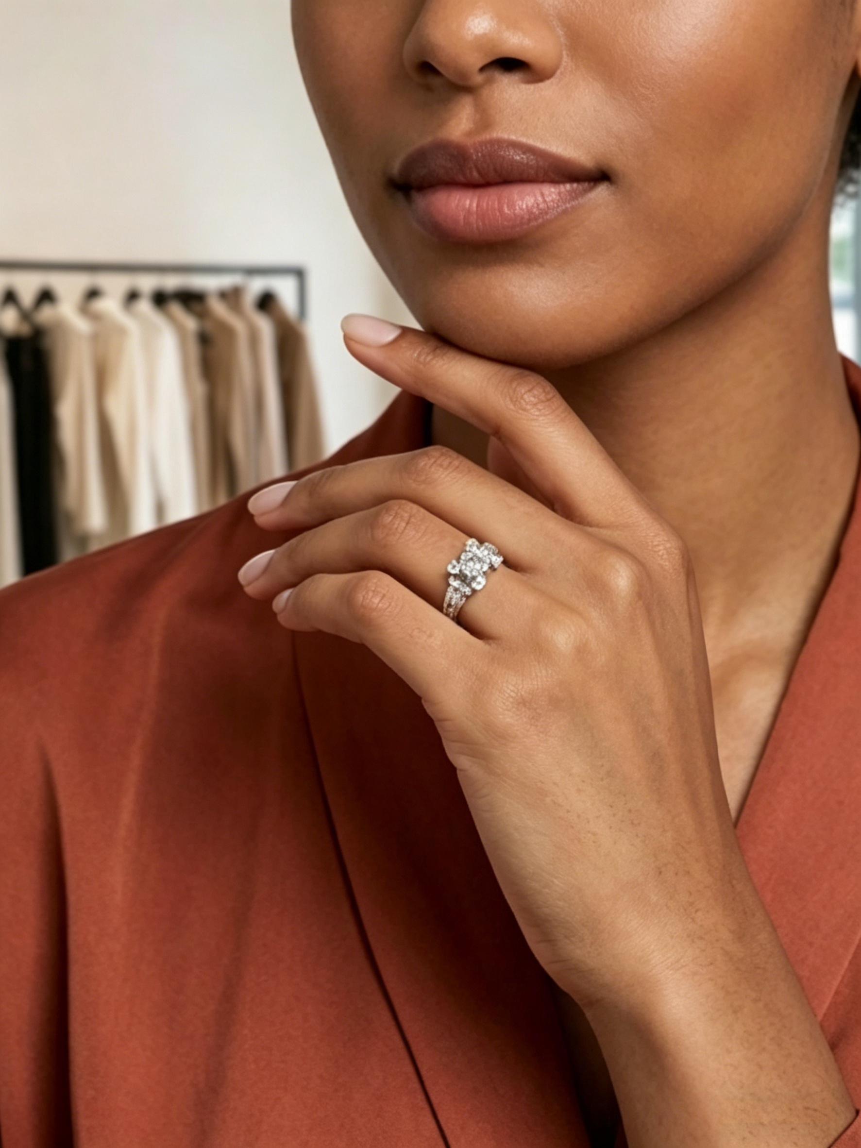 Quad-corner pavé frame moissanite ring on hand — bold geometric setting, heavy-weight luxury feel | TARA AYARH LUNE