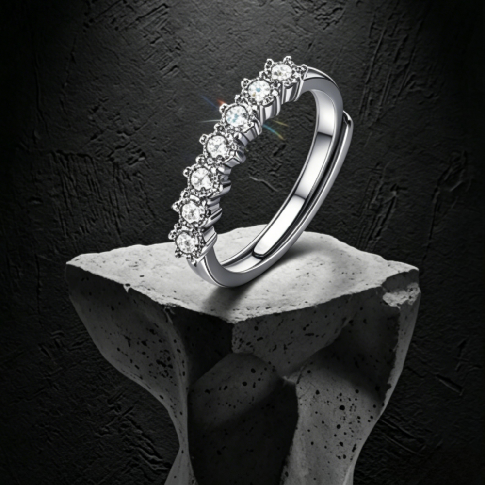 3mm round moissanite seven-stone anniversary band ring — 0.70ct D-color VVS1, shared-prong setting | TARA AYARH LUNE
