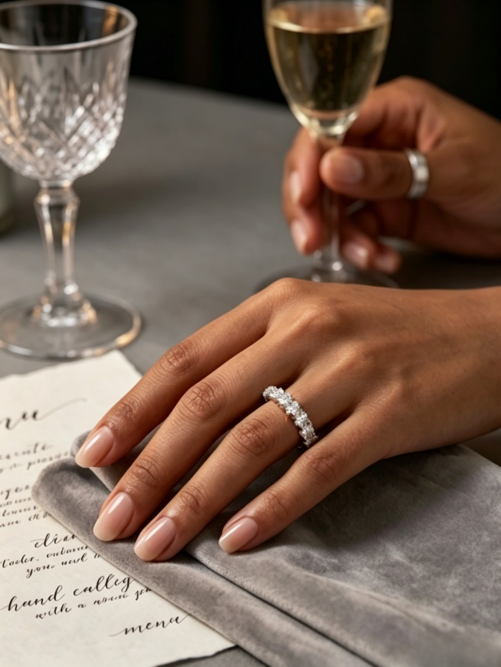 Moissanite seven-stone band side view — seamless shared-prong design, platinum-plated sterling silver | TARA AYARH LUNE