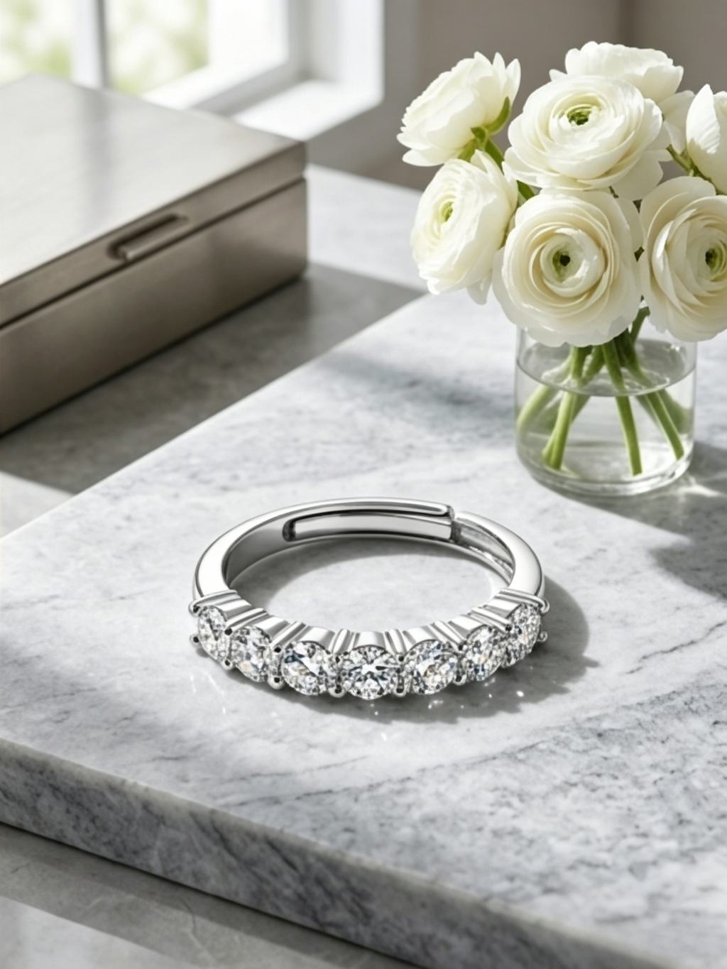Seven-stone moissanite stackable ring — conflict-free lab-grown, pairs with engagement rings | TARA AYARH LUNE