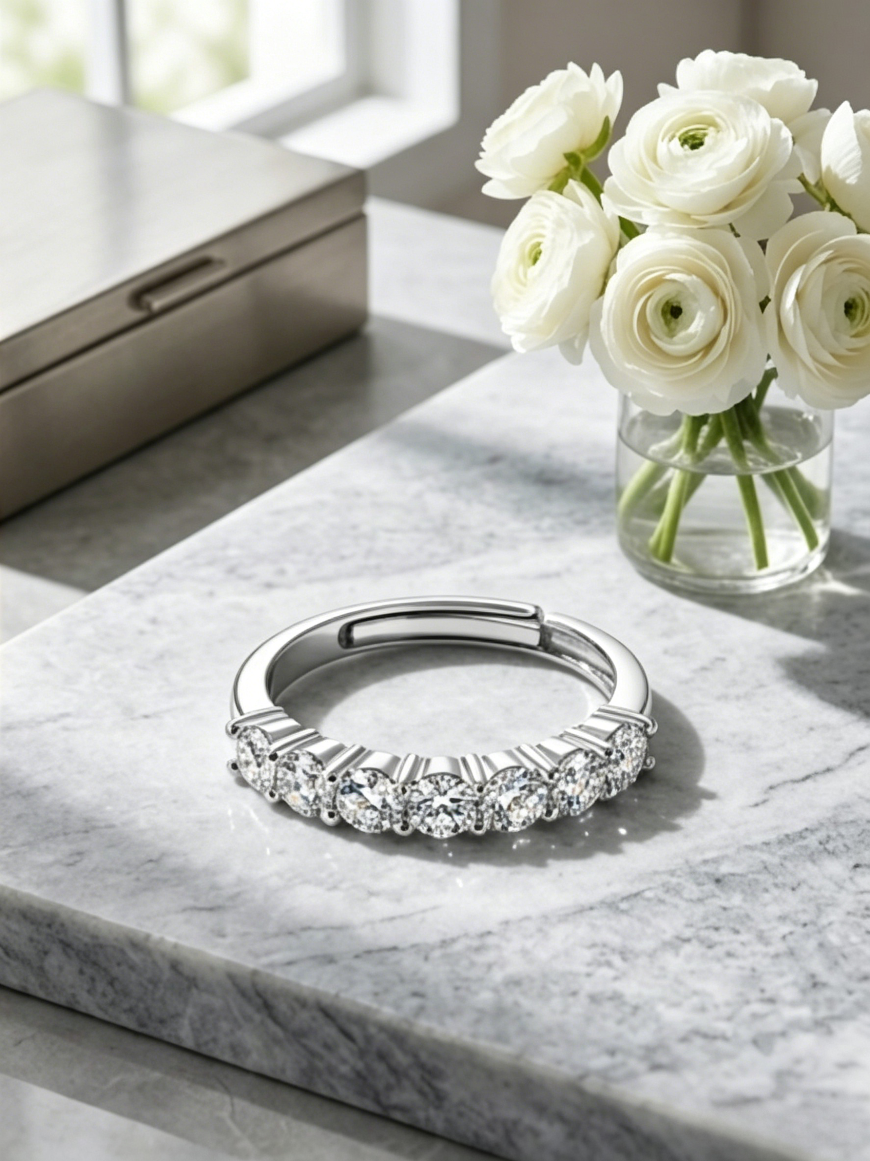 Seven-stone moissanite stackable ring — conflict-free lab-grown, pairs with engagement rings | TARA AYARH LUNE