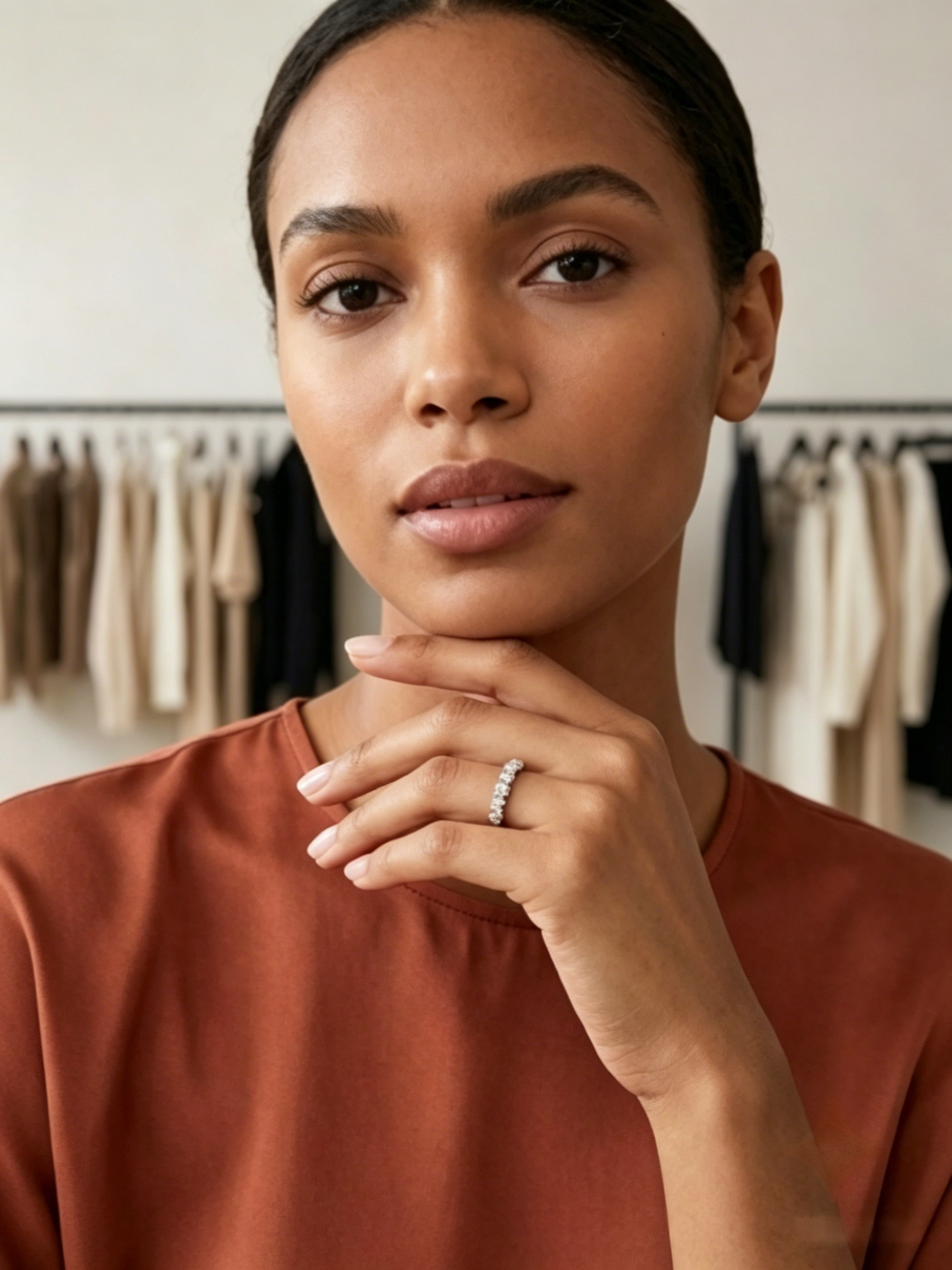 Moissanite anniversary band on hand — seven stones, continuous ribbon of brilliance | TARA AYARH LUNE