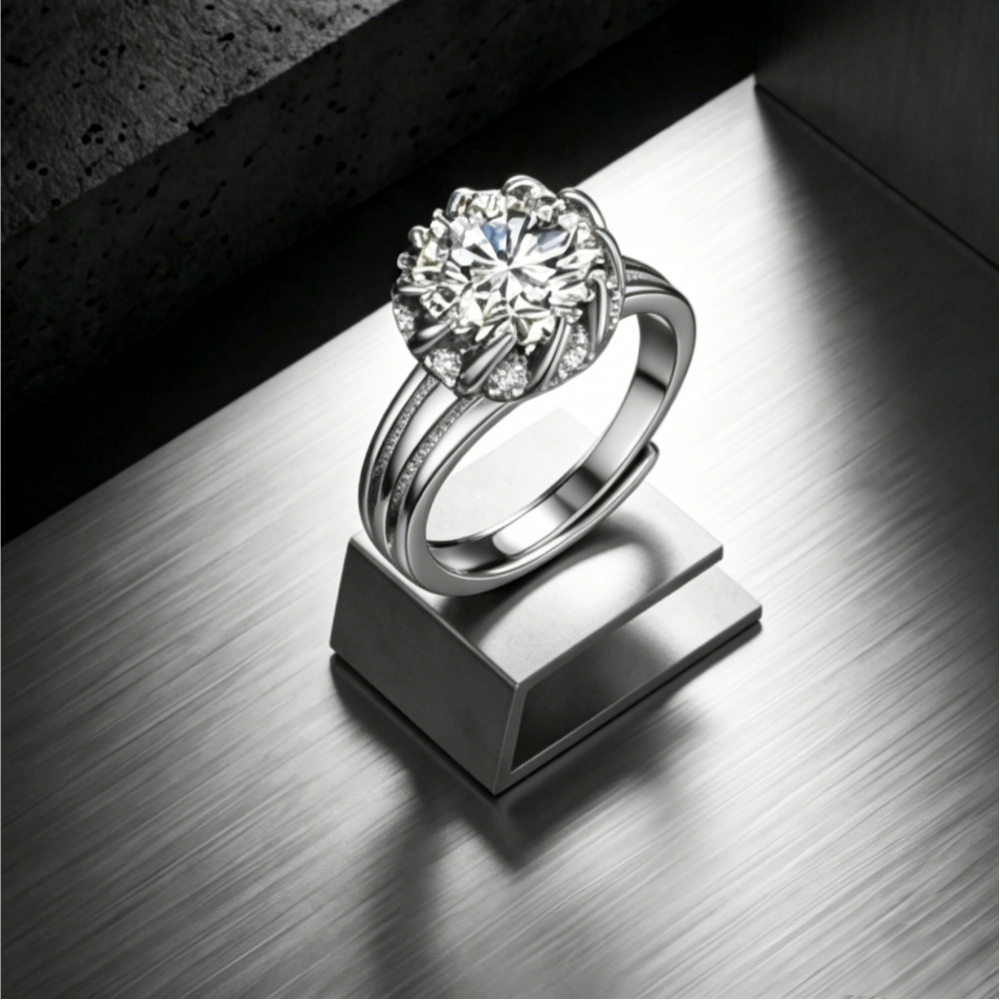 9mm round-cut moissanite spiraling accent statement ring — 3ct D-color VVS1, celestial vortex setting | TARA AYARH LUNE