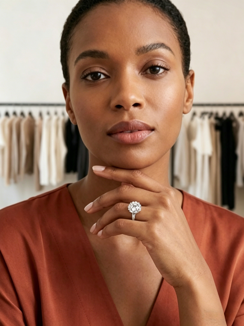 Spiraling accent moissanite ring on hand — celestial design, platinum-plated S925 silver | TARA AYARH LUNE