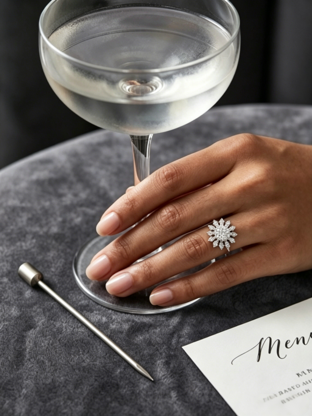 Moissanite starburst halo ring side view — geometric petal halo, platinum-plated sterling silver | TARA AYARH LUNE