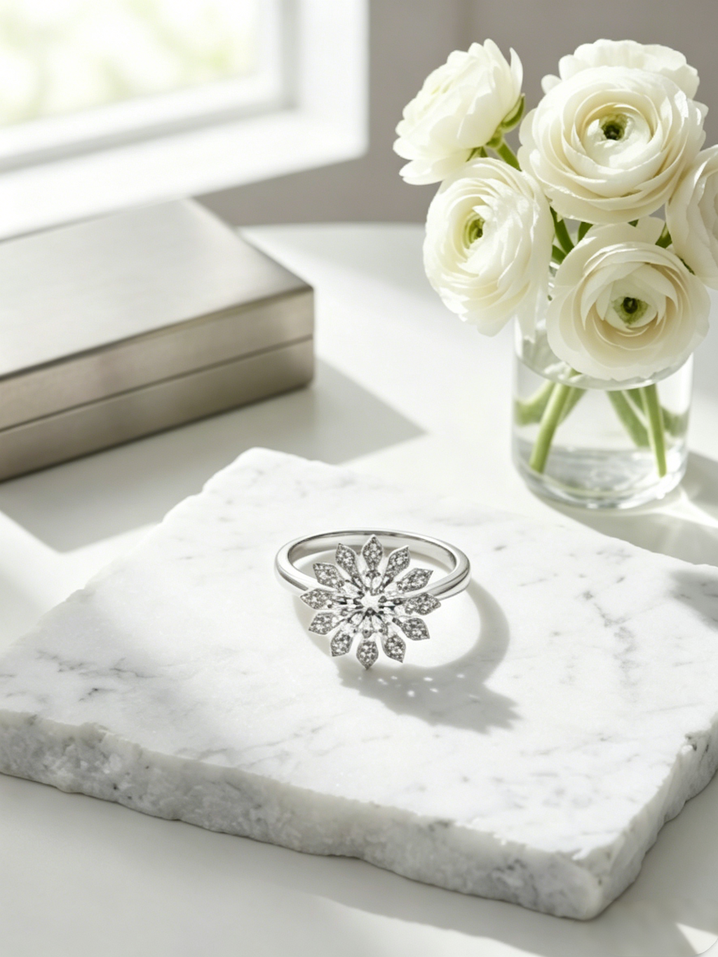Moissanite starburst halo ring side view — geometric petal halo, platinum-plated sterling silver | TARA AYARH LUNE