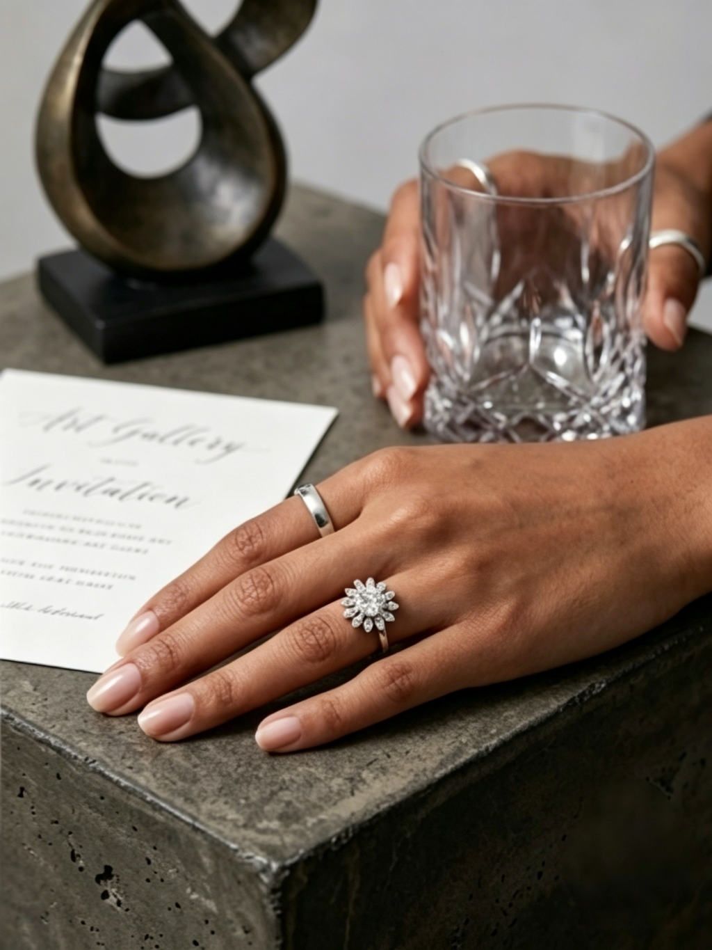 Starburst moissanite halo ring on hand — 12-petal halo, brilliant center stone | TARA AYARH LUNE