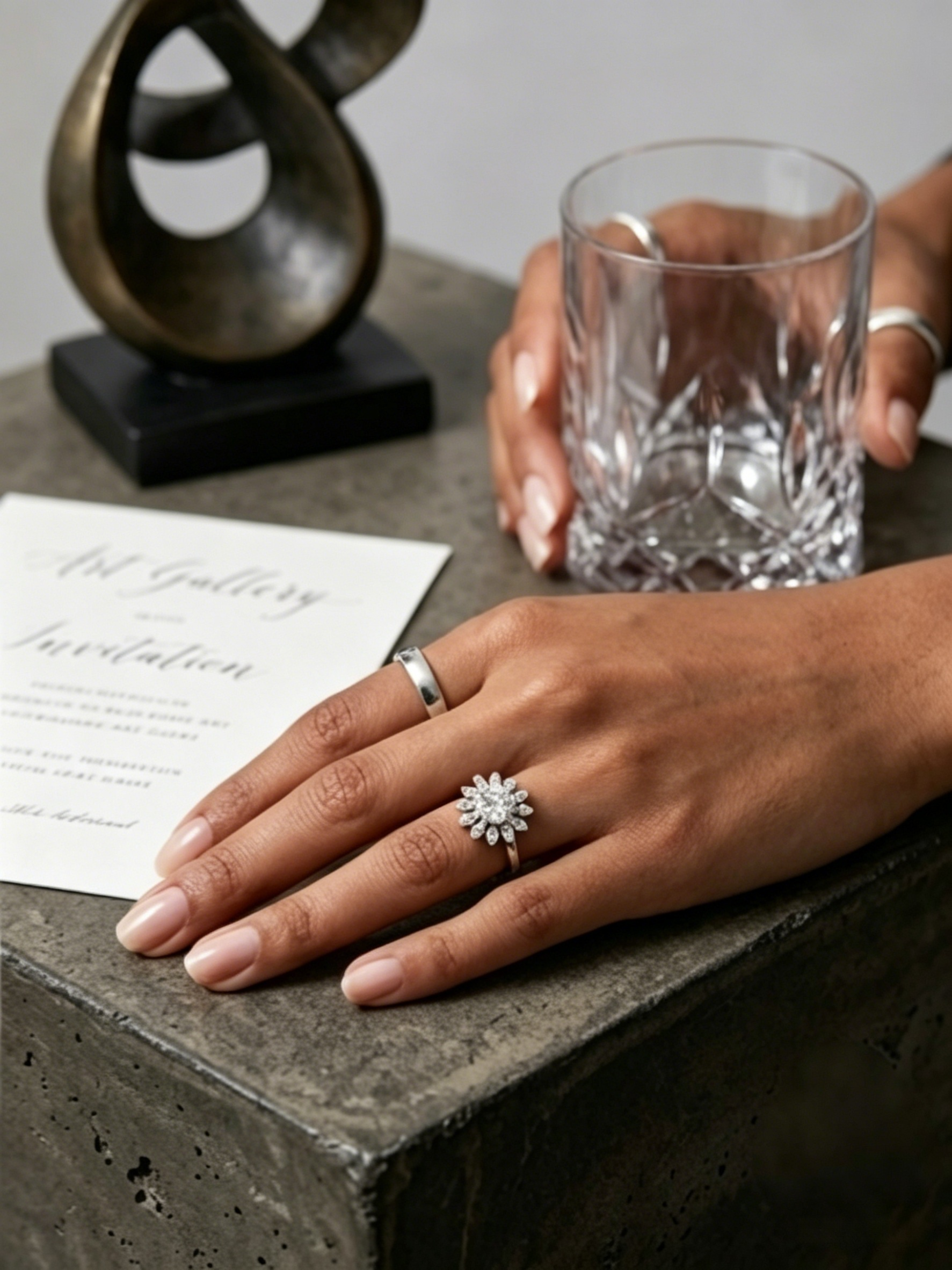 Starburst moissanite halo ring on hand — 12-petal halo, brilliant center stone | TARA AYARH LUNE