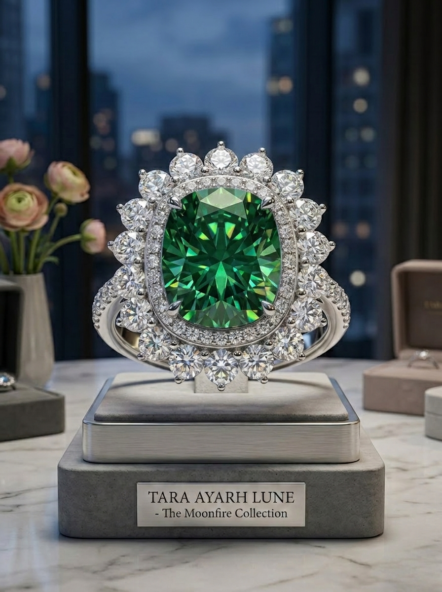 5ct cushion-cut moissanite sunflower halo ring — green lab-grown stone, sunflower halo profile, 925 silver | TARA AYARH LUNE