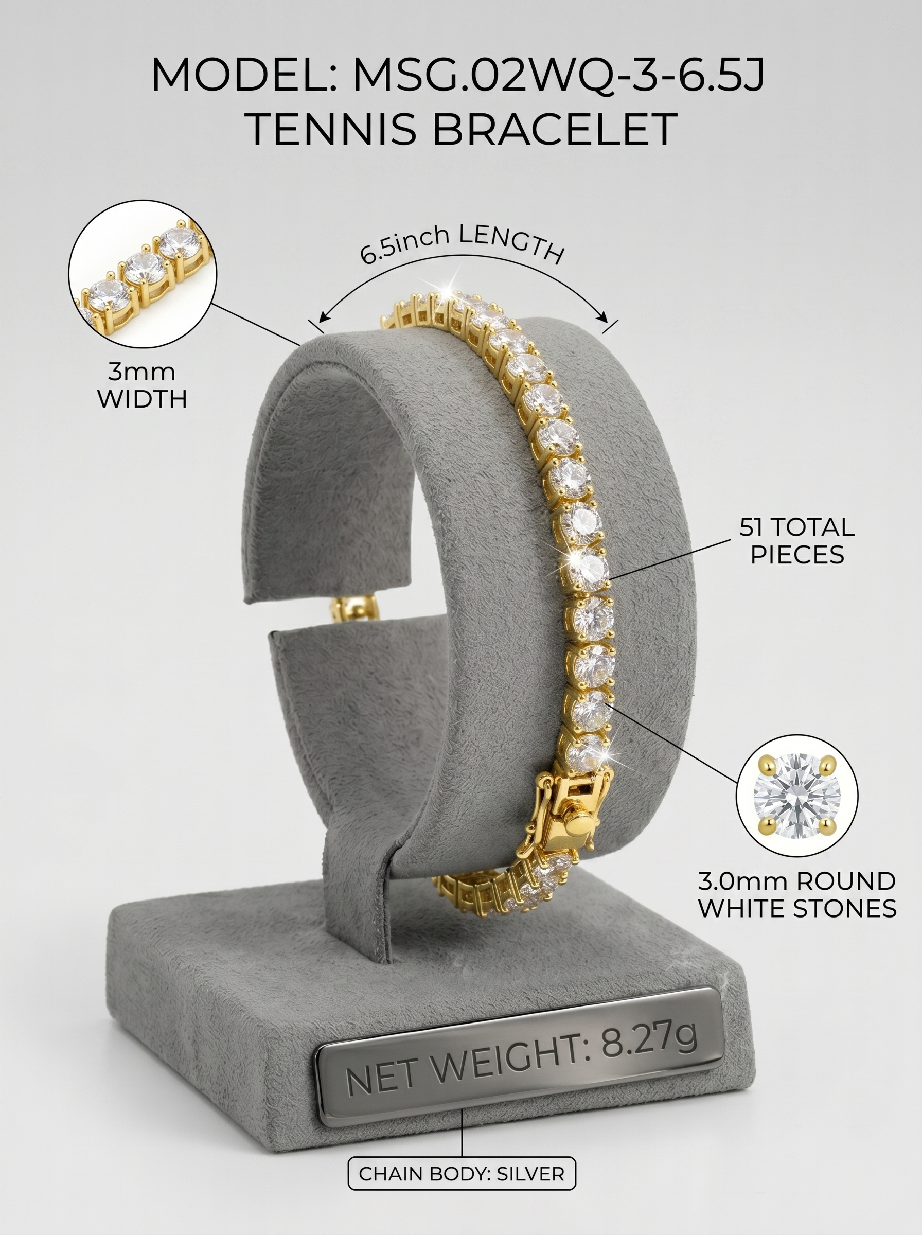 3mm moissanite tennis bracelet display — MSG.02WQ-3-6.5J, 6.5-inch gold | TARA AYARH LUNE