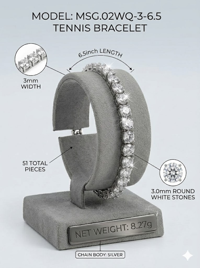 3mm moissanite tennis bracelet display — MSG.02WQ-3-6.5, 6.5-inch silver | TARA AYARH LUNE