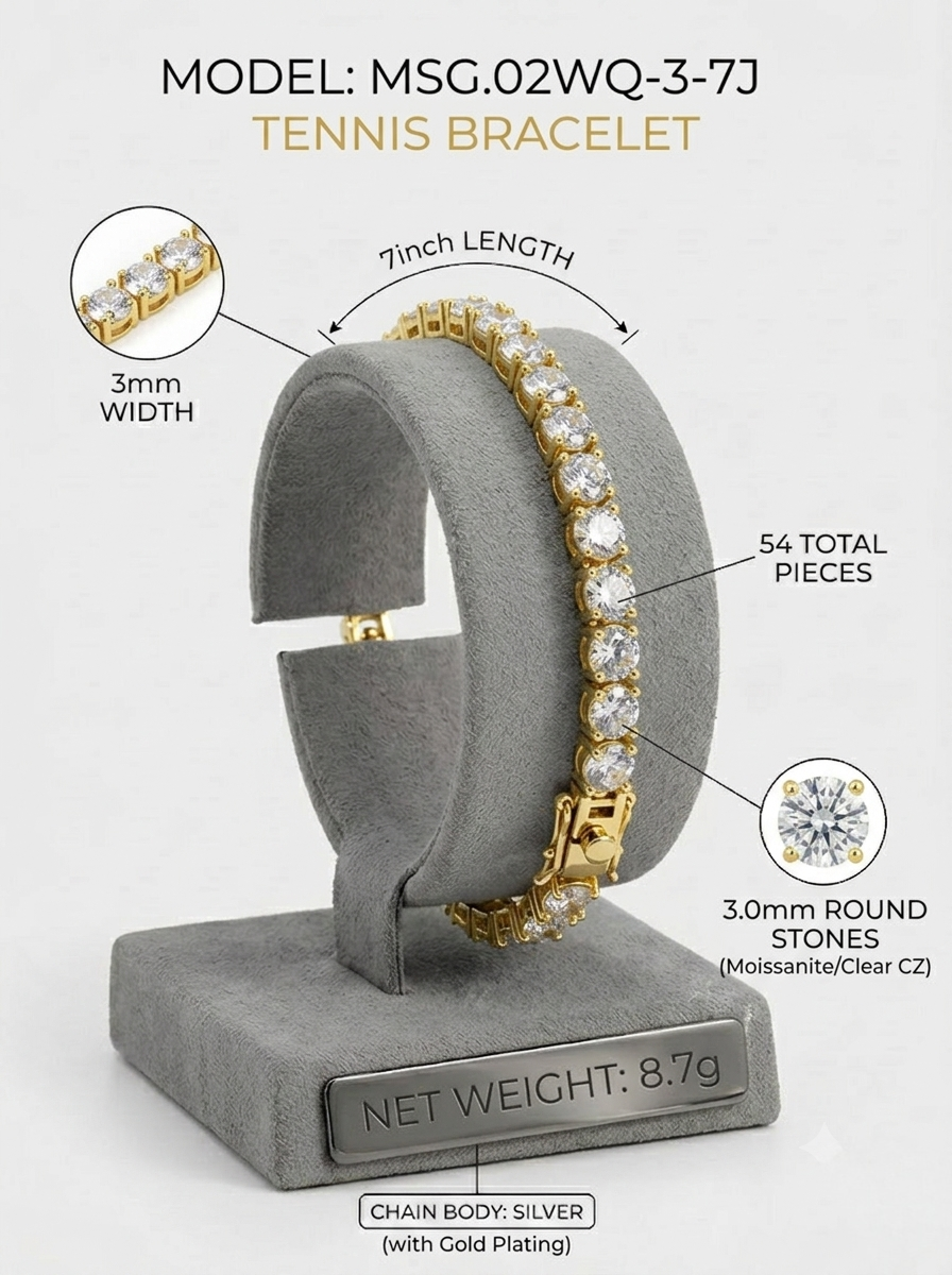 3mm moissanite tennis bracelet display — MSG.02WQ-3-7J, 7-inch gold | TARA AYARH LUNE