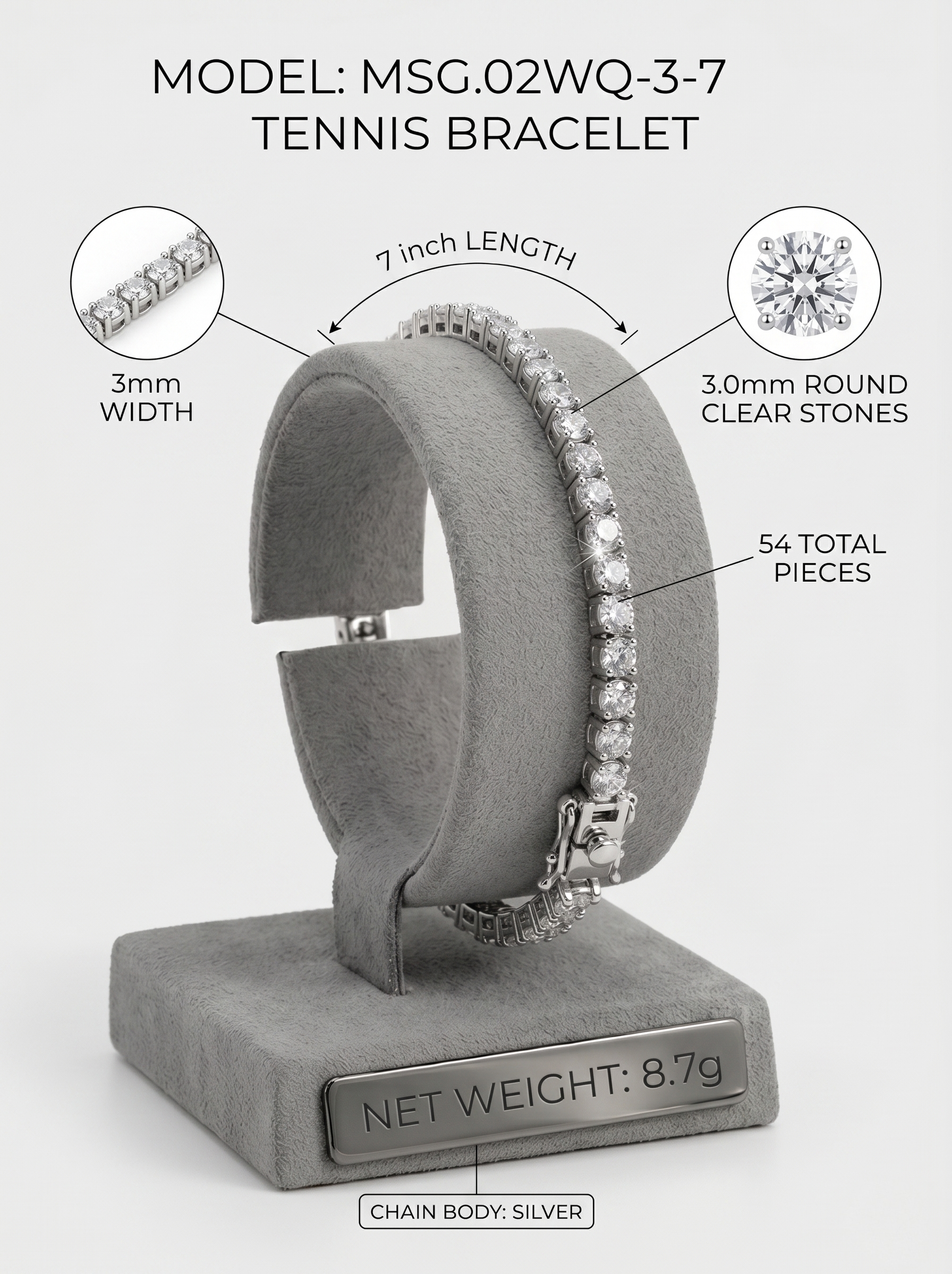 3mm moissanite tennis bracelet display — MSG.02WQ-3-7, 7-inch silver | TARA AYARH LUNE