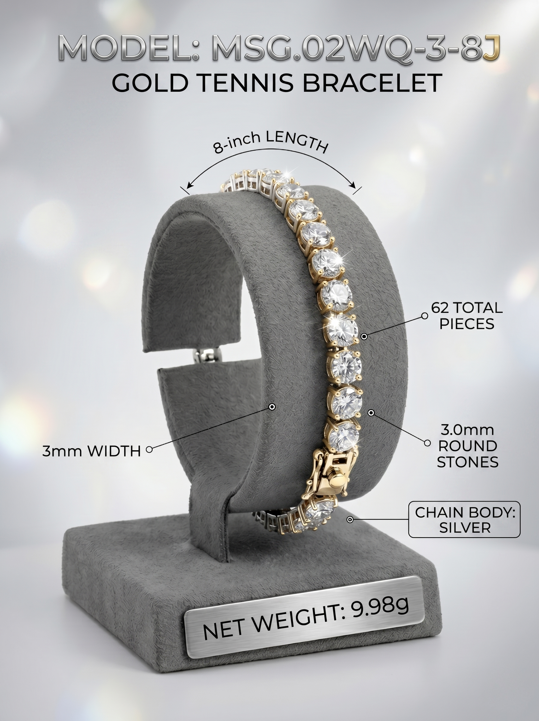 3mm moissanite tennis bracelet display — MSG.02WQ-3-8J, 8-inch gold | TARA AYARH LUNE