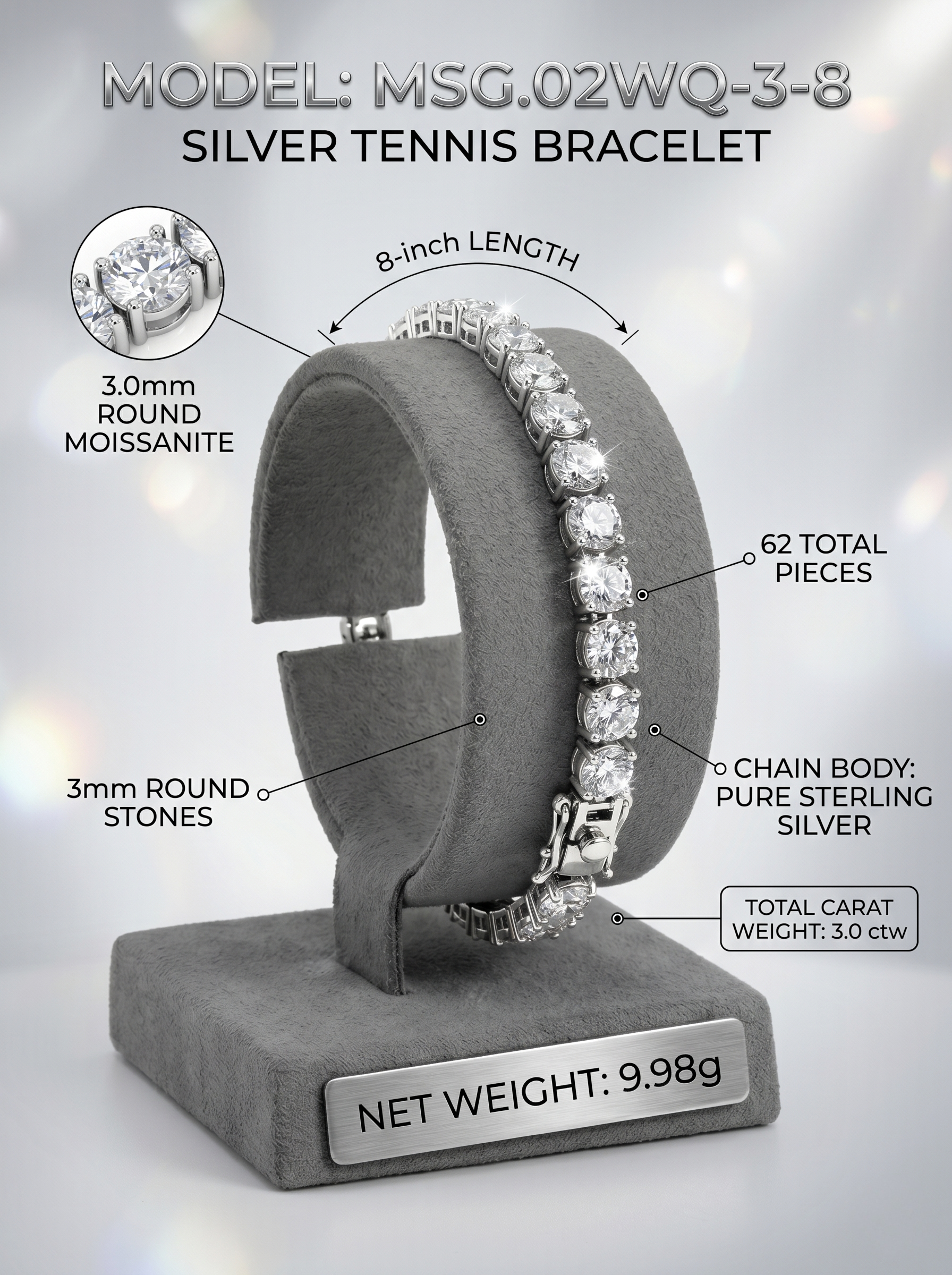 3mm moissanite tennis bracelet display — MSG.02WQ-3-8, 8-inch silver | TARA AYARH LUNE