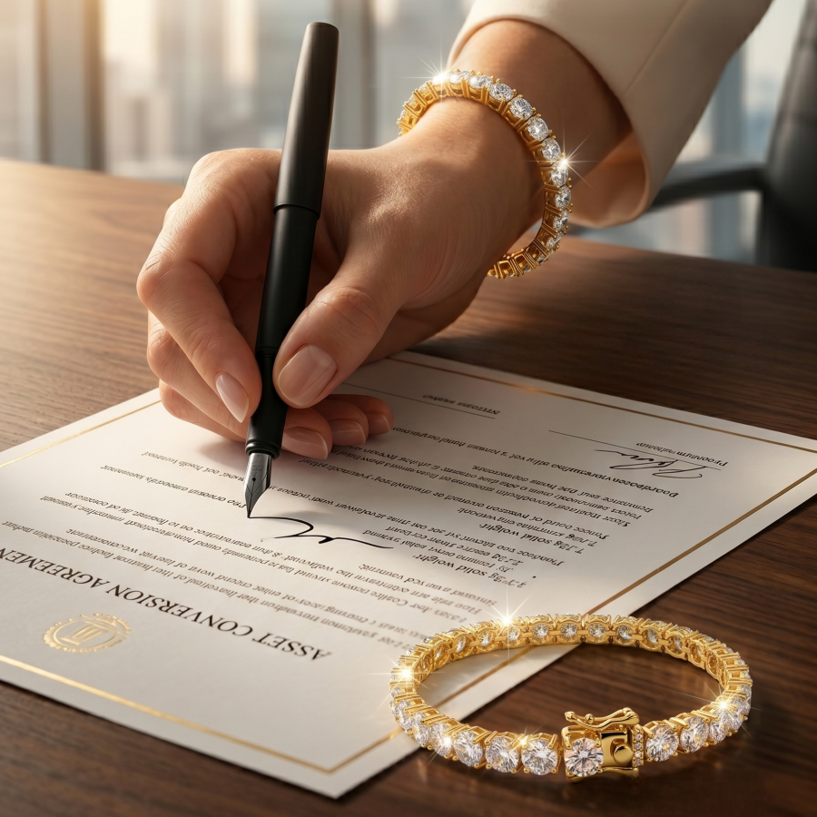 3mm moissanite tennis bracelet on wrist — signing scene, gold finish | TARA AYARH LUNE