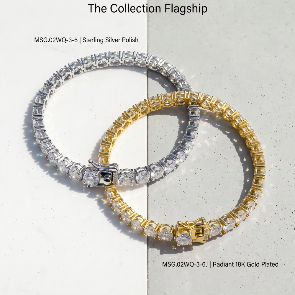 3mm moissanite tennis bracelet in gold worn on wrist while signing document, bracelet display on desk — TARA AYARH LUNE
