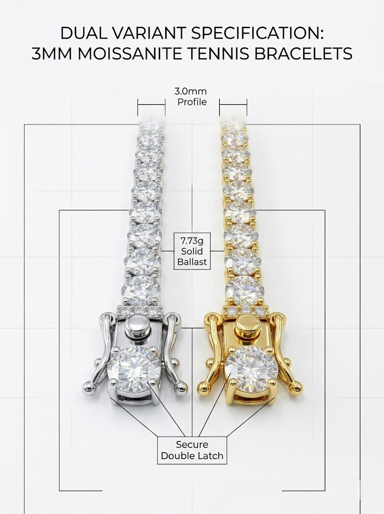 3mm moissanite tennis bracelet spec card — D-color VVS1, 7.73g | TARA AYARH LUNE