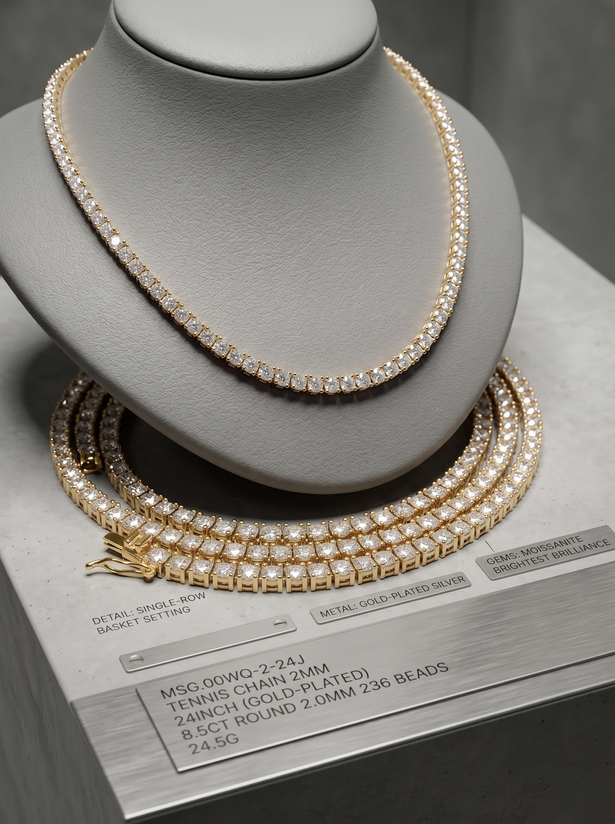 Moissanite tennis chain product shot — 216 stones, D-color VVS1, gold & silver | TARA AYARH LUNE