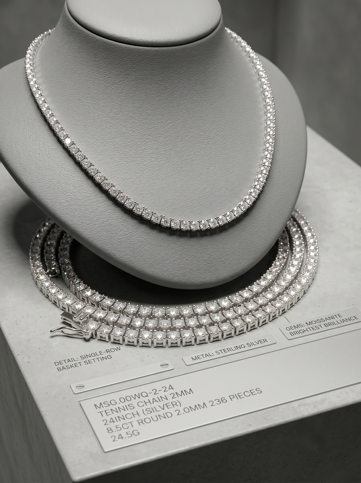 7.8ct moissanite tennis chain product shot — 22-inch, 2mm profile, silver finish | TARA AYARH LUNE