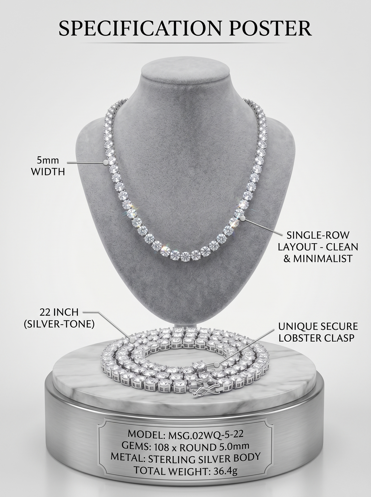 heavy bold moissanite tennis chain silver profile display — D-color VVS1 brilliant round-cut, 925 sterling silver | TARA AYARH LUNE