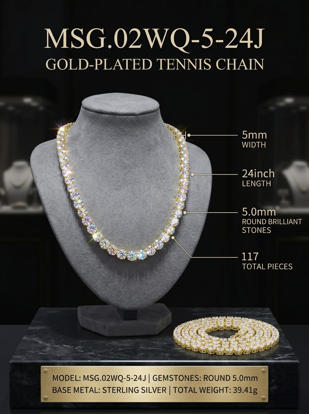 heavy bold moissanite tennis chain 5mm gold — MSG.02WQ-5-24J, 18K gold plated, D-color VVS1, 925 silver | TARA AYARH LUNE