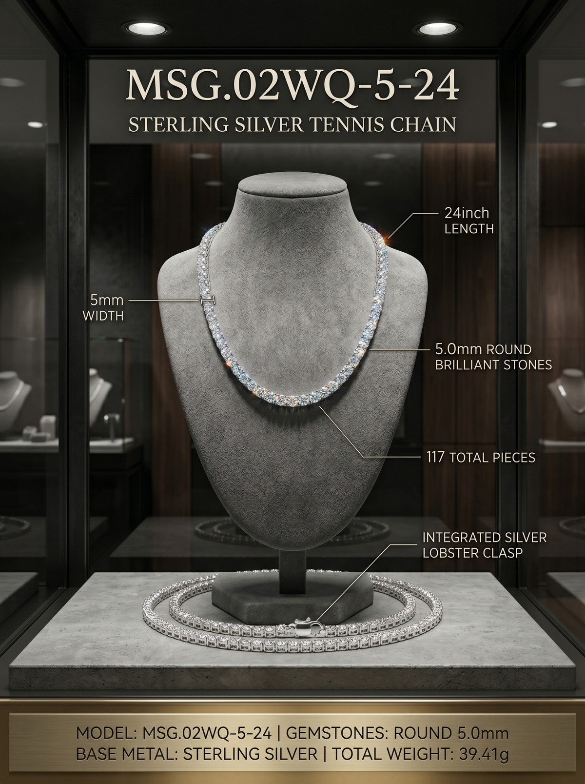 heavy bold moissanite tennis chain 5mm silver — MSG.02WQ-5-24, D-color VVS1, rhodium-plated 925 sterling silver | TARA AYARH LUNE