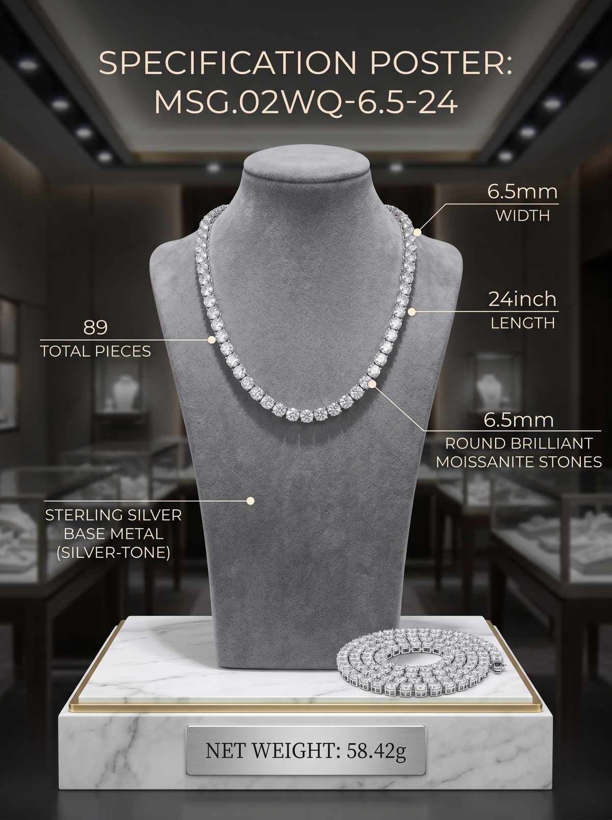 Heavy bold moissanite tennis chain spec display — 4mm 5mm 6.5mm profiles, D-color VVS1, 925 sterling silver | TARA AYARH LUNE
