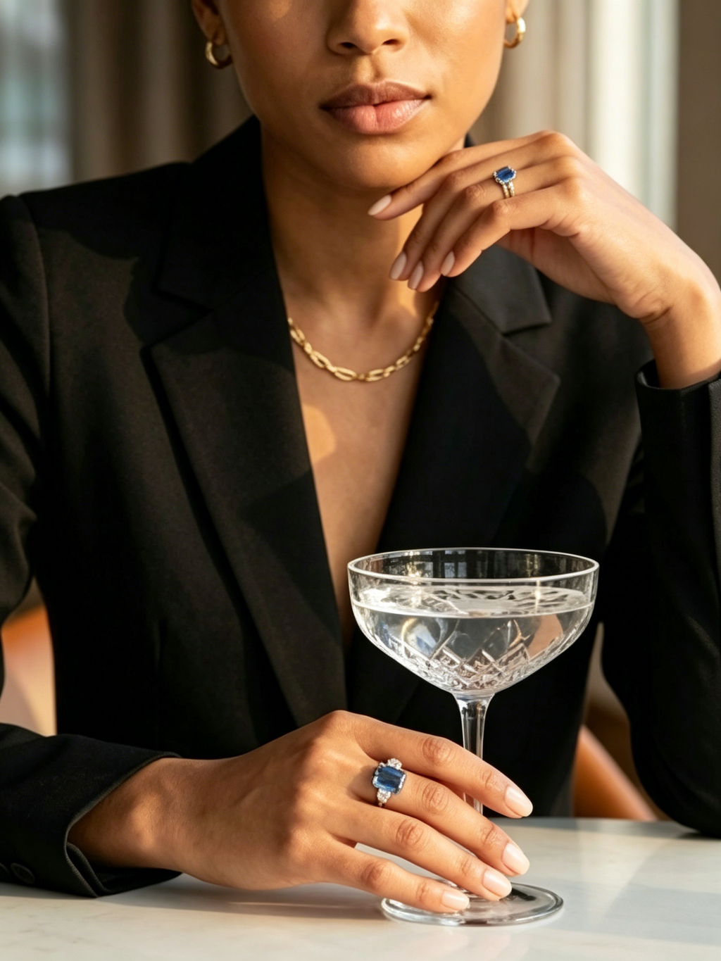 Emerald-cut moissanite three-stone ring side view — step-cut facets, structured brilliance | TARA AYARH LUNE