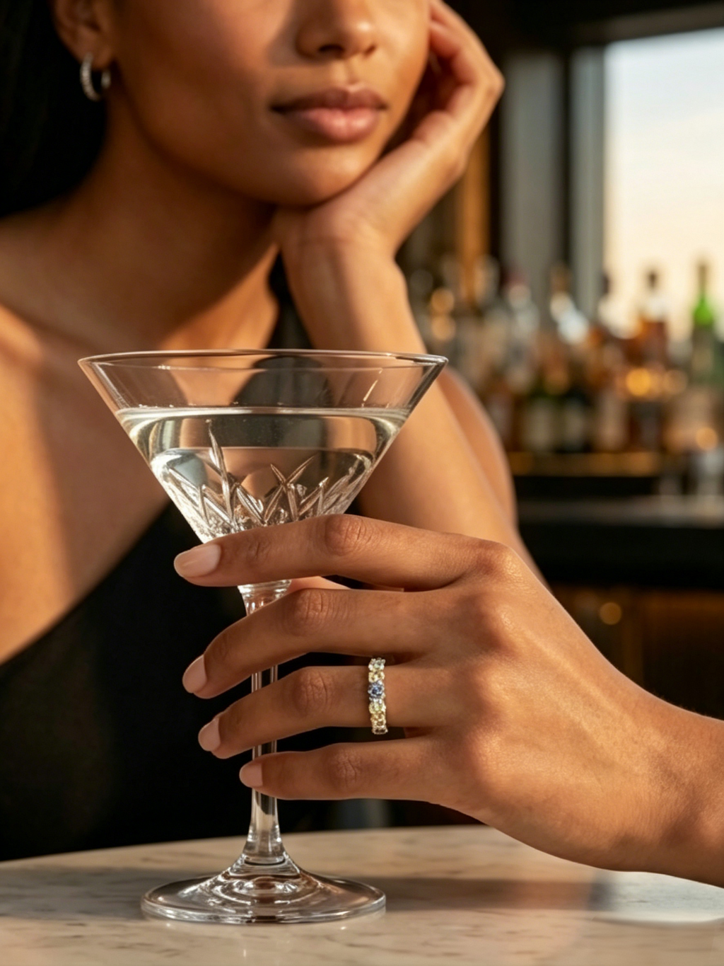 Rainbow moissanite band side view — shared-prong eternity style, gradient color spectrum | TARA AYARH LUNE
