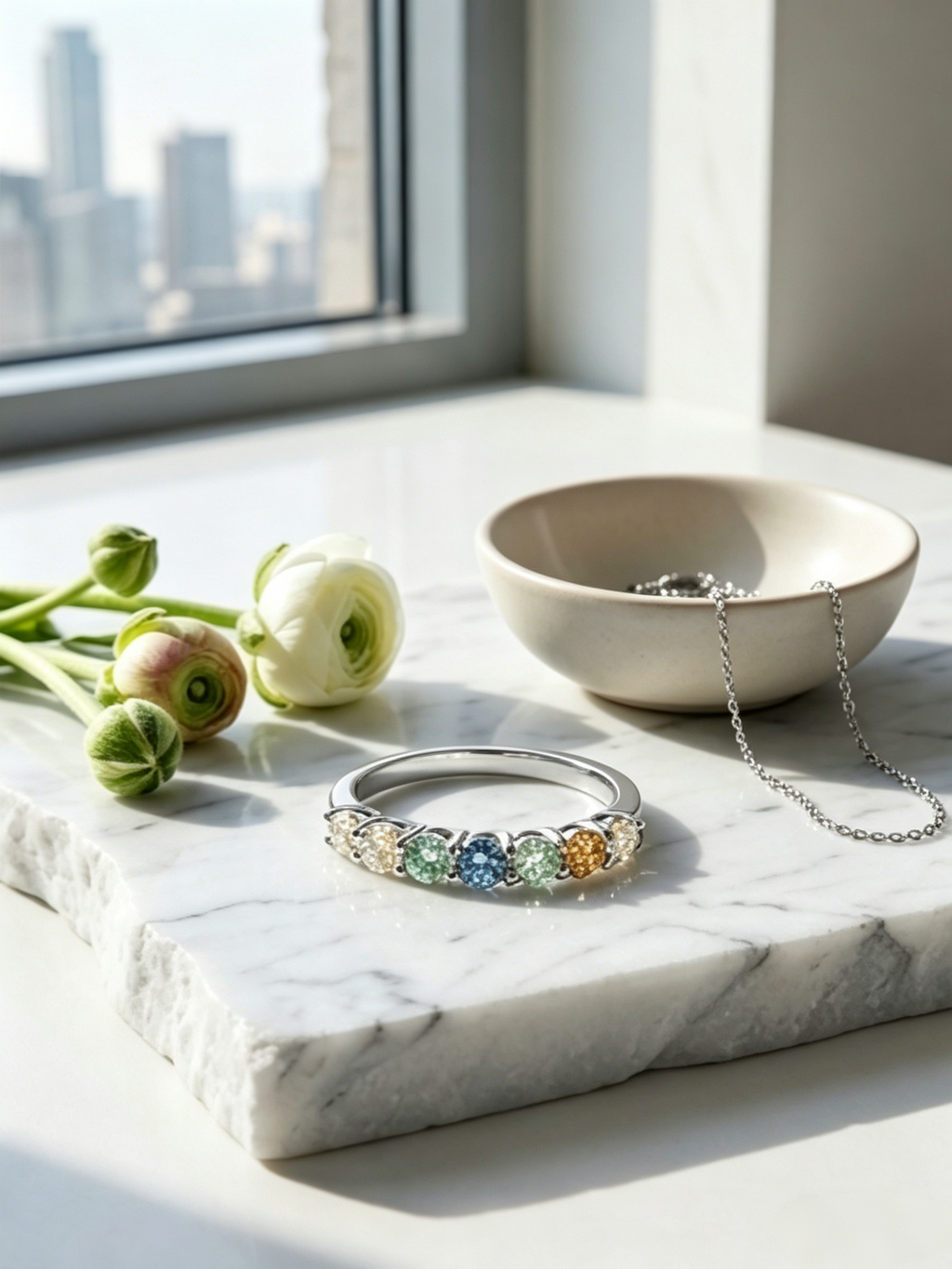 7-stone colorful moissanite ring — VVS1 clarity, sea foam to amber gradient | TARA AYARH LUNE